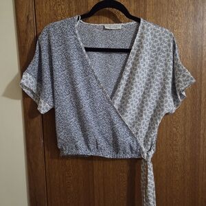 Blue Patterned Flower Wrap Blouse